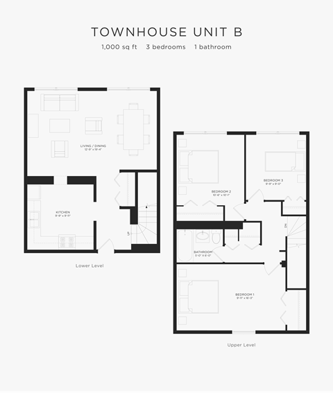 Floor plan for 3 beds, 1 bath, 944 sqft